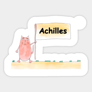 Achilles name. Personalized gift for birthday your friend. Cat character holding a banner Sticker